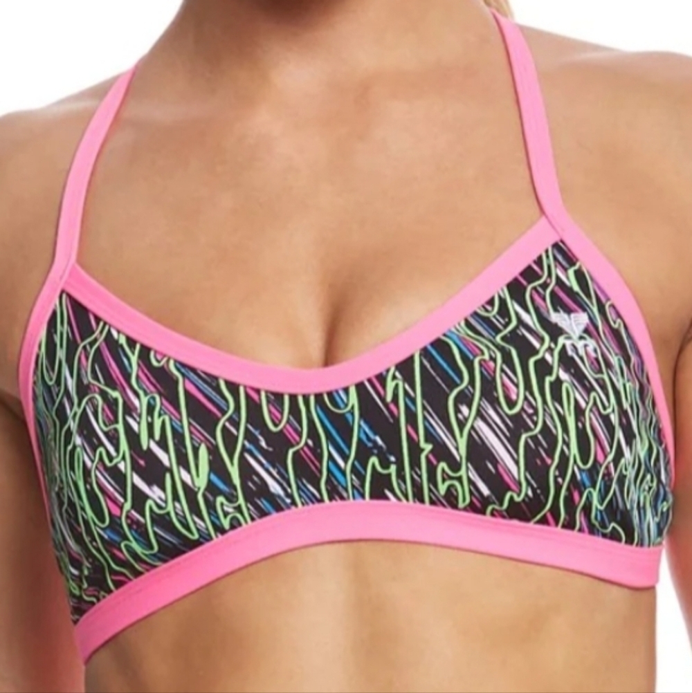 TYR Pink Green and Black Crosscut Tieback UPF 50+ Bikini Top Size Large New